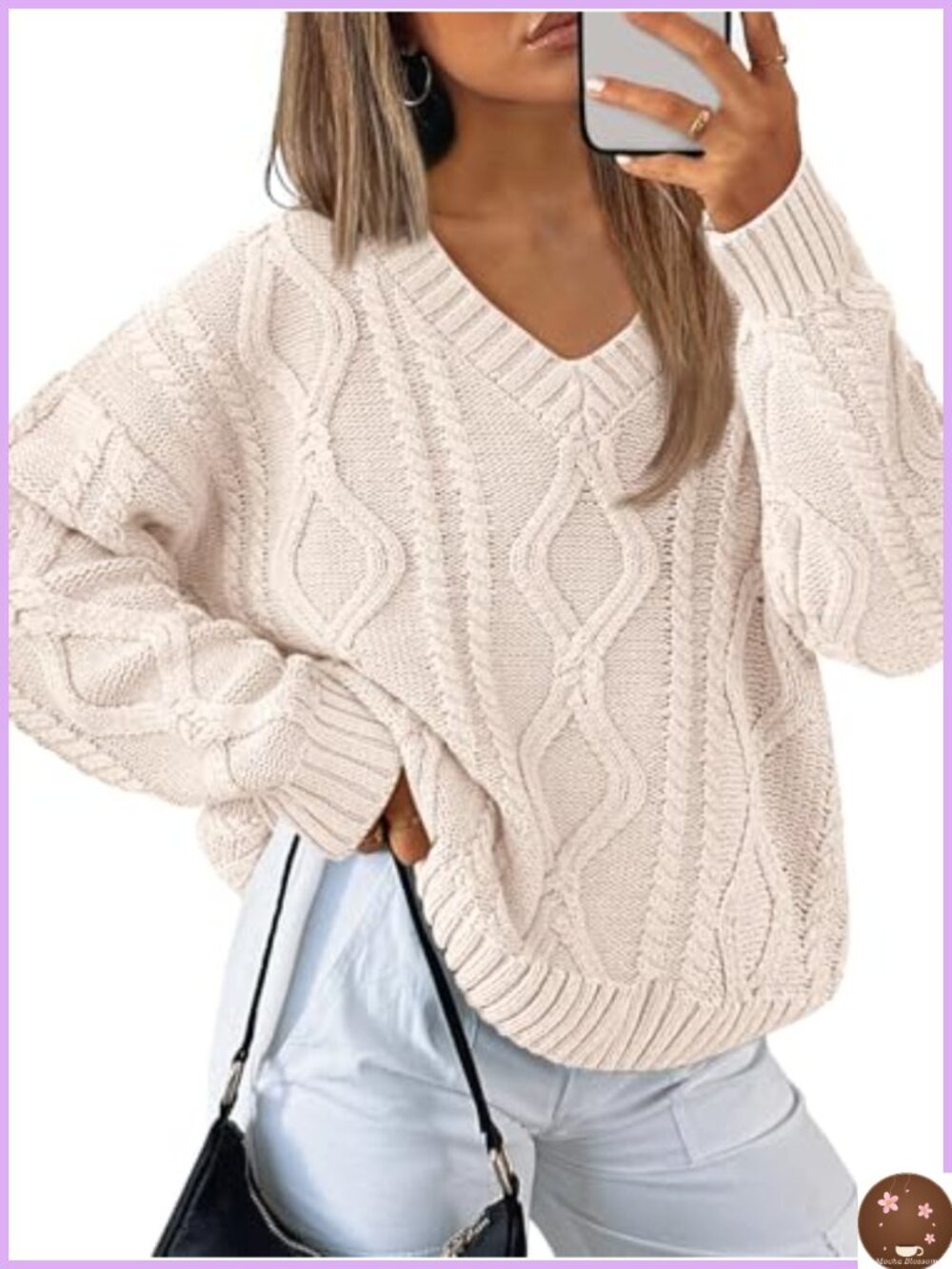 Cable Knit V Neck Oversized Pullover Sweater Cotton Blend Cozy Fall